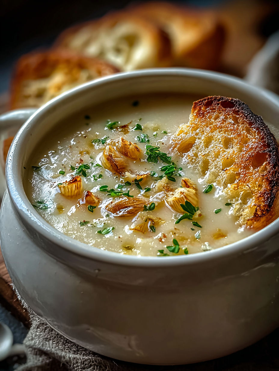 Bowl of soup topped with a slice of bread.
