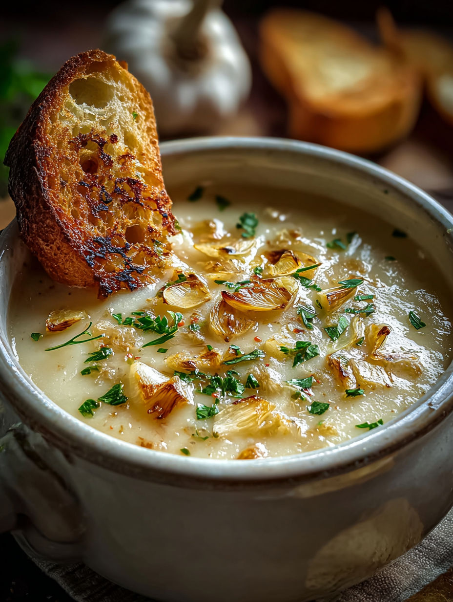 Bowl of creamy soup with crusty bread on top.