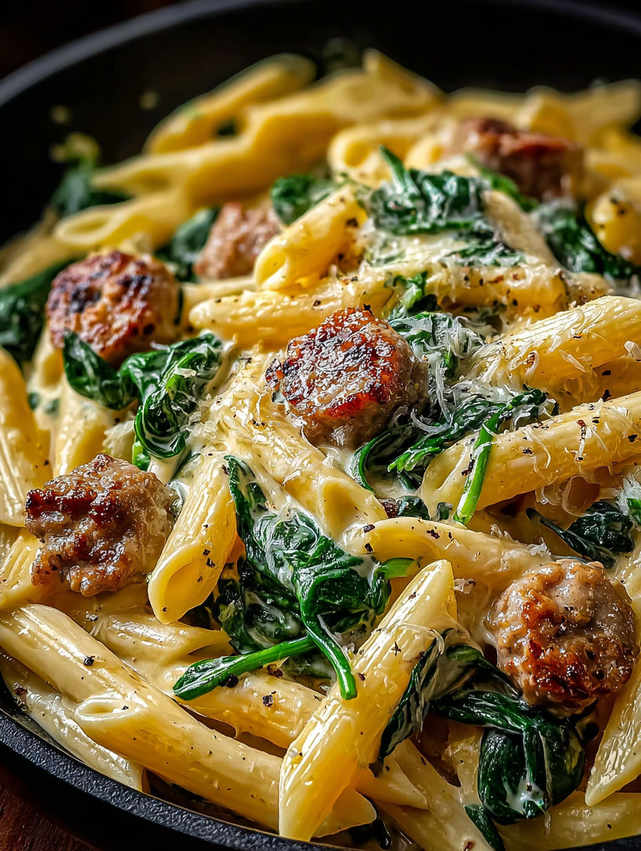 A delicious one-pan creamy penne with spinach and Italian sausage.