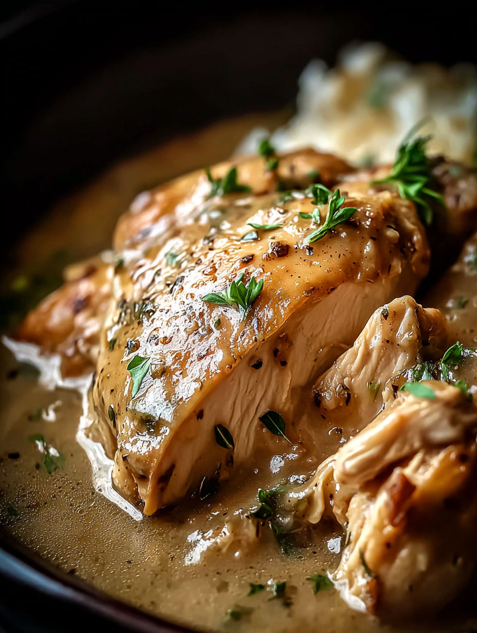 Close up shot showing a chicken breast cooking in a crock pot.
