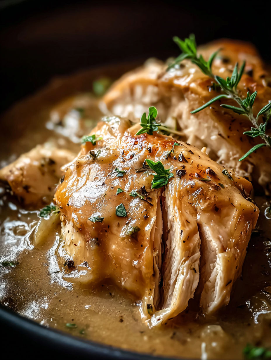Close up view of chicken and gravy cooking in a crock pot.