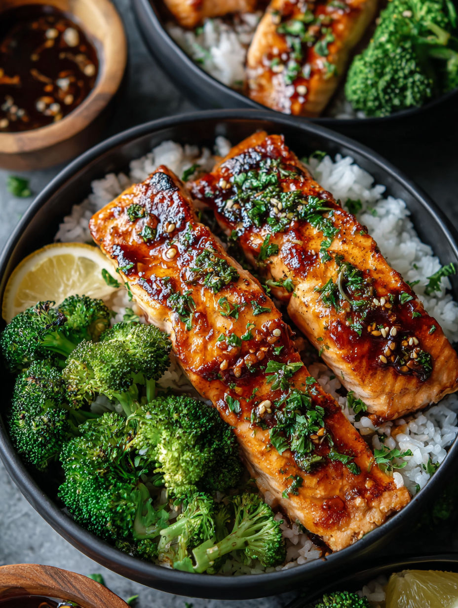Bowl with salmon, broccoli, and rice