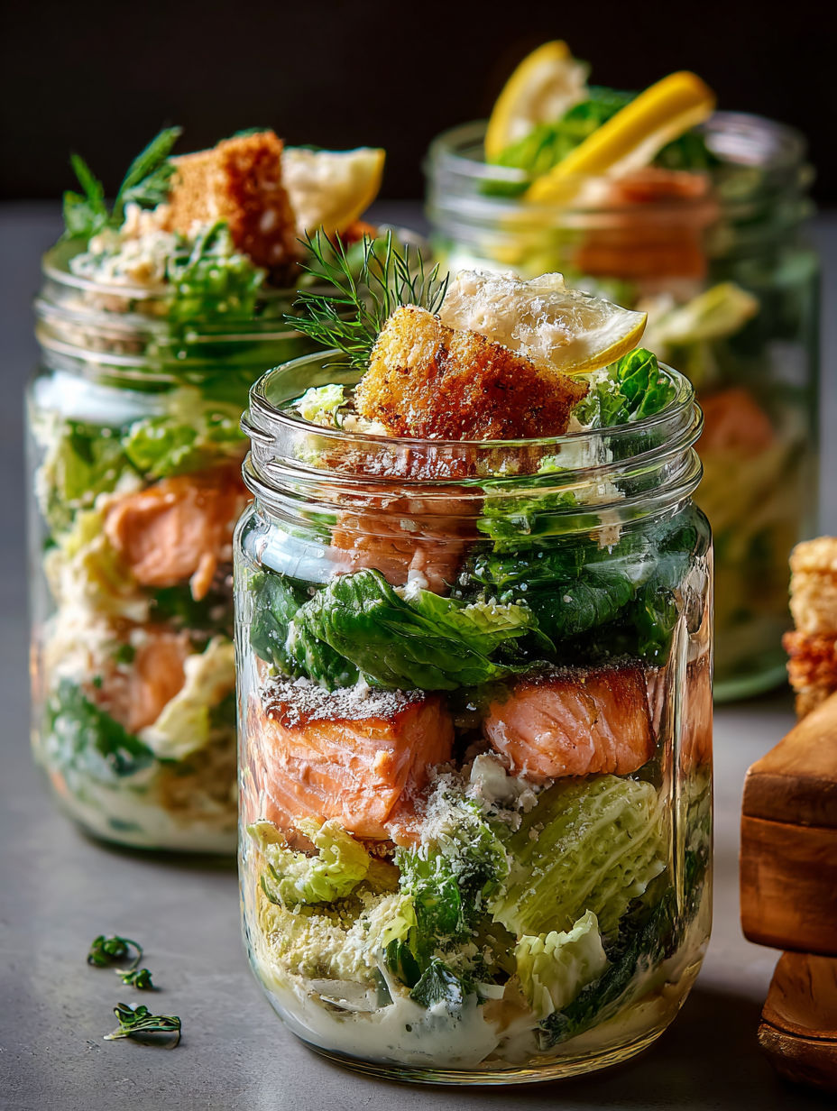 A jar of salmon Caesar salad.
