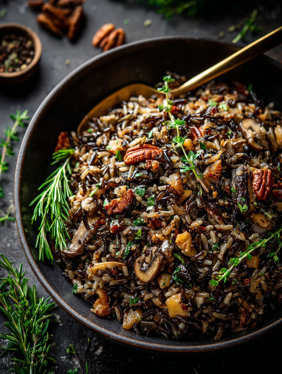 A bowl filled with mushroom and wild rice stuffing.