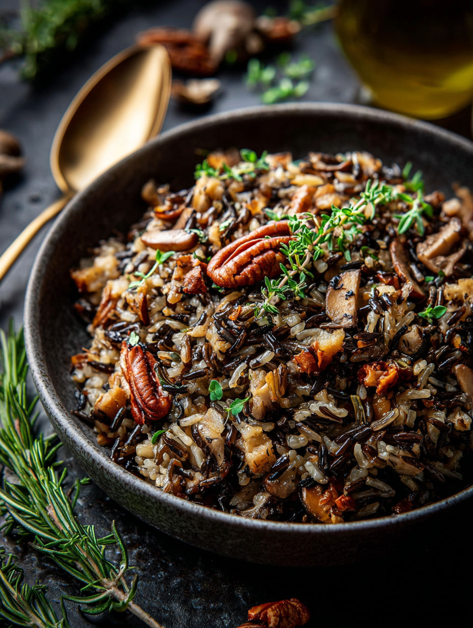 A bowl packed with rice and mushrooms.