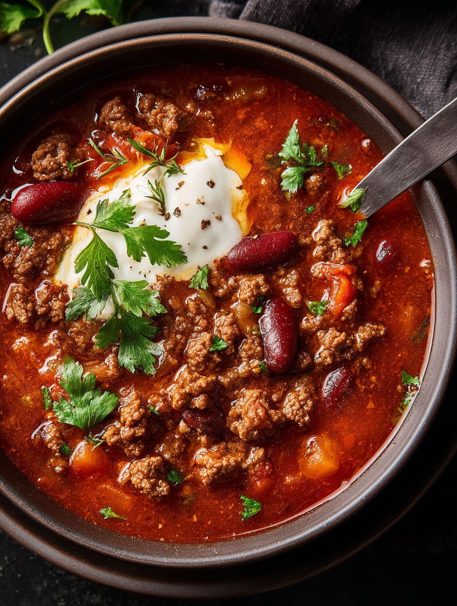 A bowl of chili-style ground beef soup.