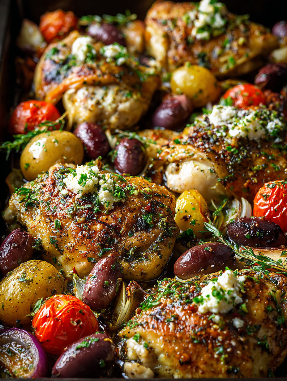 Greek-style sheet pan chicken with assorted veggies and herbs.