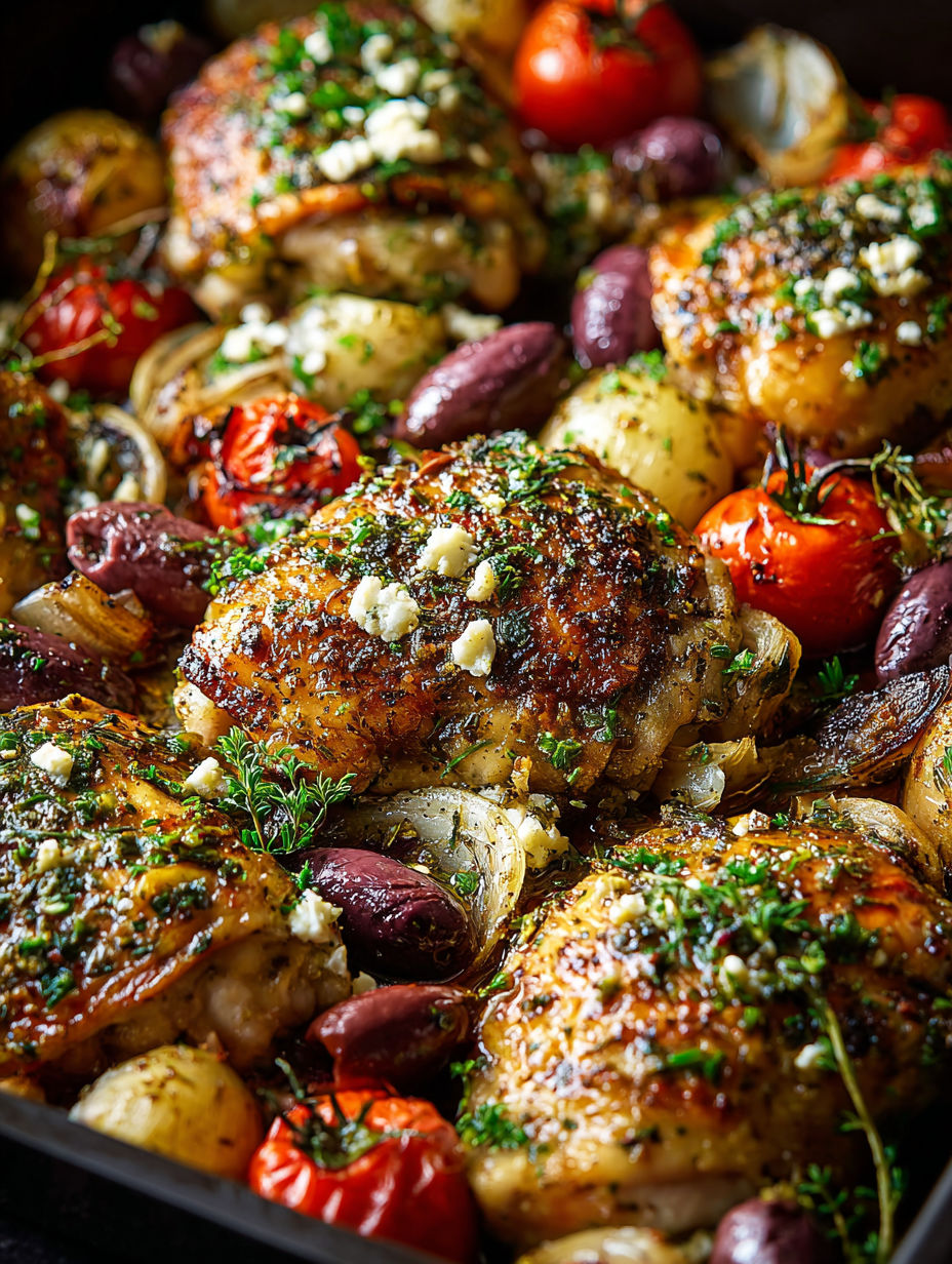 Close-up of Greek-style sheet pan chicken.