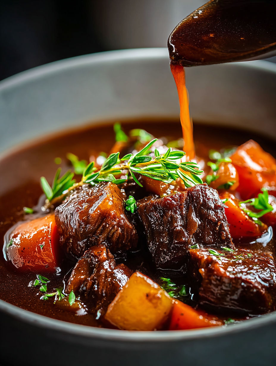 A bowl of French beef stew with a ladle being poured into it.