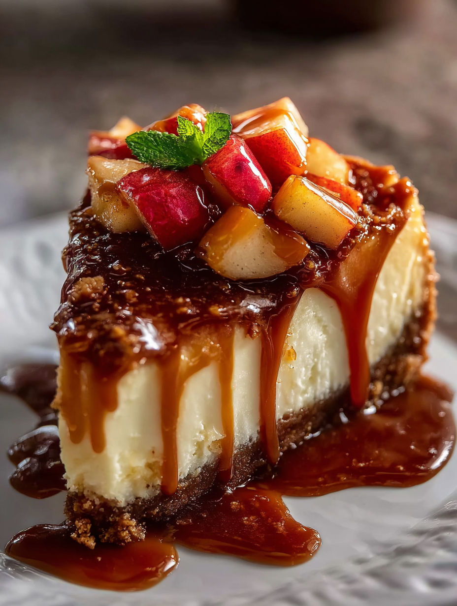 A slice of caramel apple cheesecake.