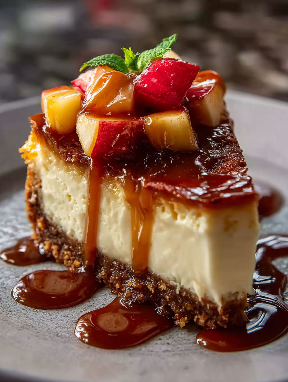 A slice of caramel apple cheesecake.