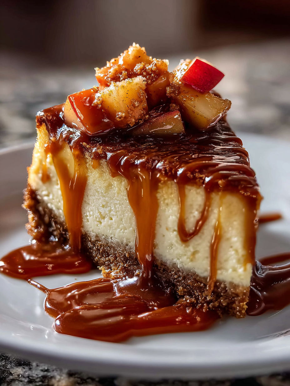 A slice of caramel apple cheesecake.