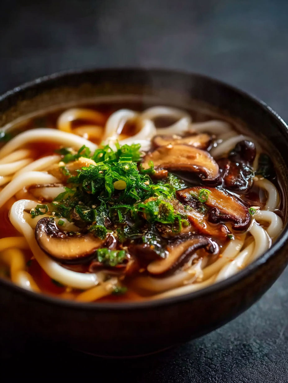 A bowl of soup with mushrooms and noodles.