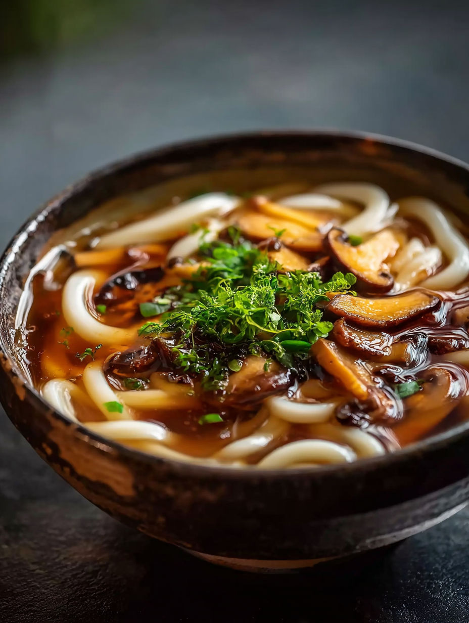 A bowl of soup with mushrooms and noodles.