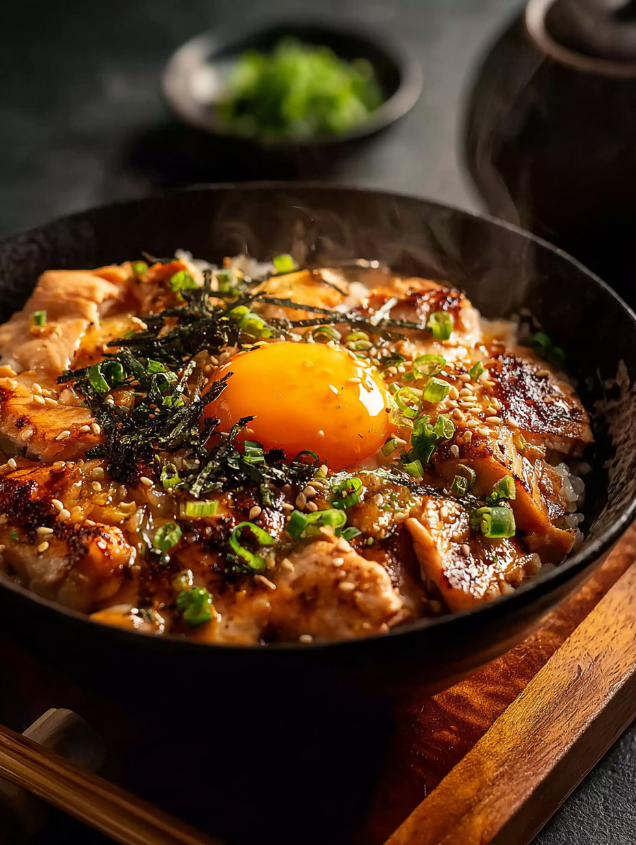 A bowl of oyakodon dish with a fried egg on top.