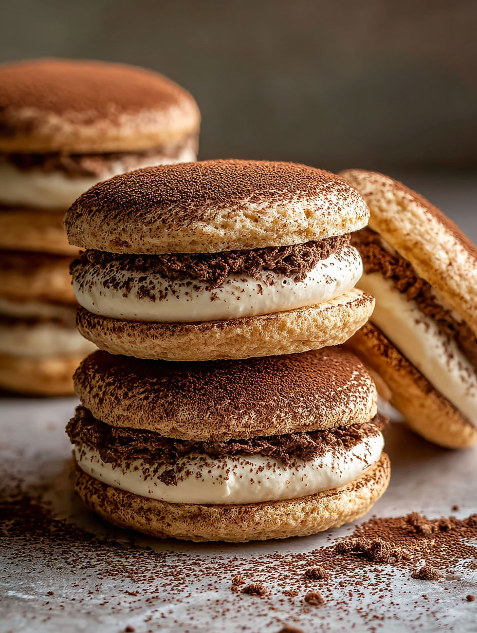 Stacked tiramisu-flavored cookies.