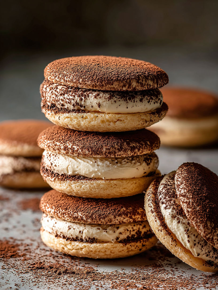 Stack of tiramisu cookies on a table.
