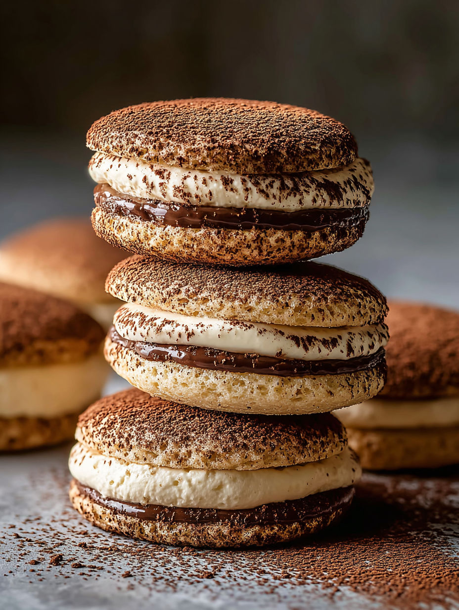 Pile of tiramisu cookies stacked.