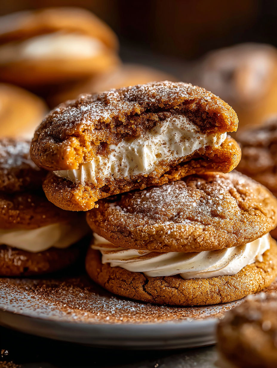 Cream cheese-filled pumpkin cookies with white drizzle.