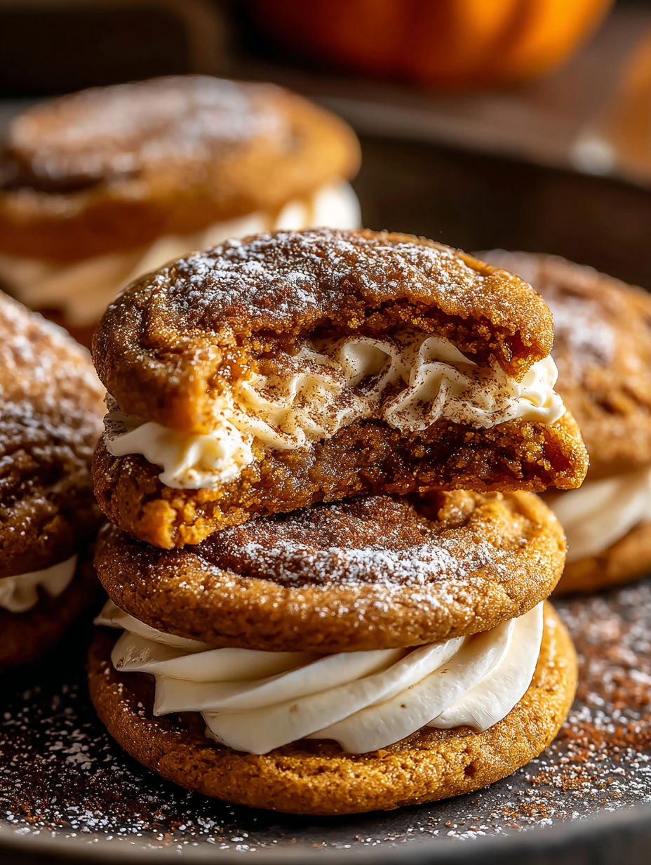 Cookies made with pumpkin and cheesecake filling topped with white icing.