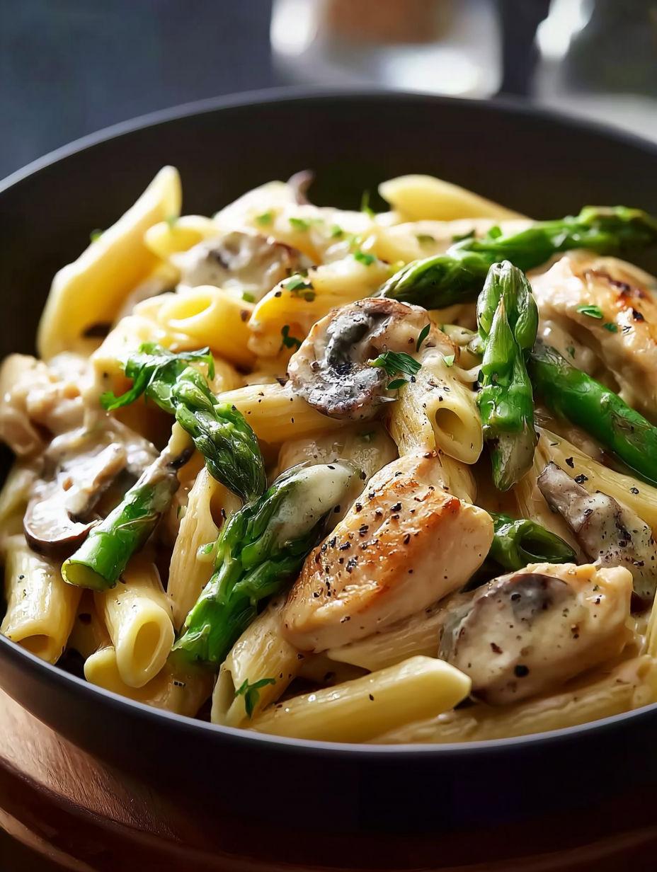 A bowl of creamy mushroom and asparagus chicken penne.