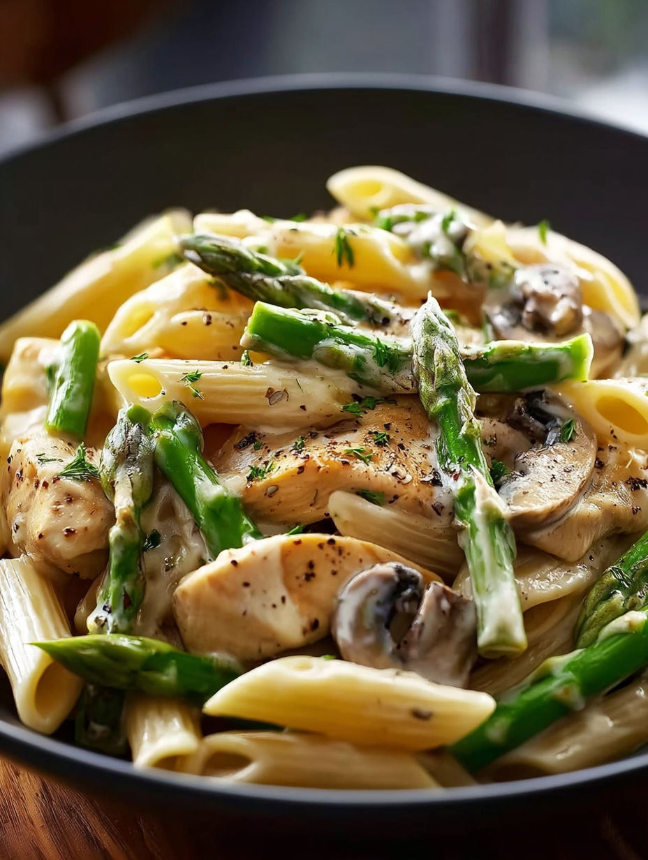 A bowl of creamy mushroom and asparagus chicken penne.