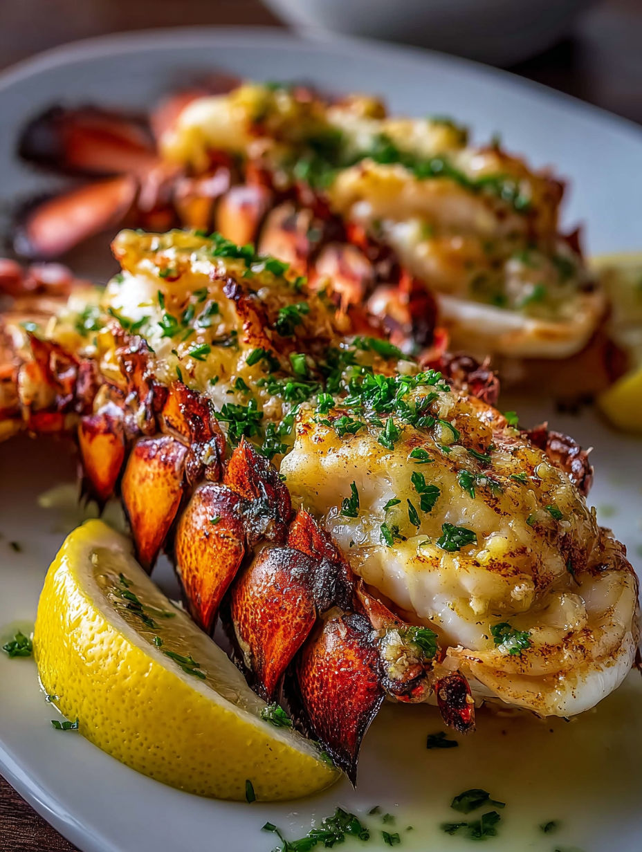Grilled lobster tails topped with garlic lemon butter sauce.