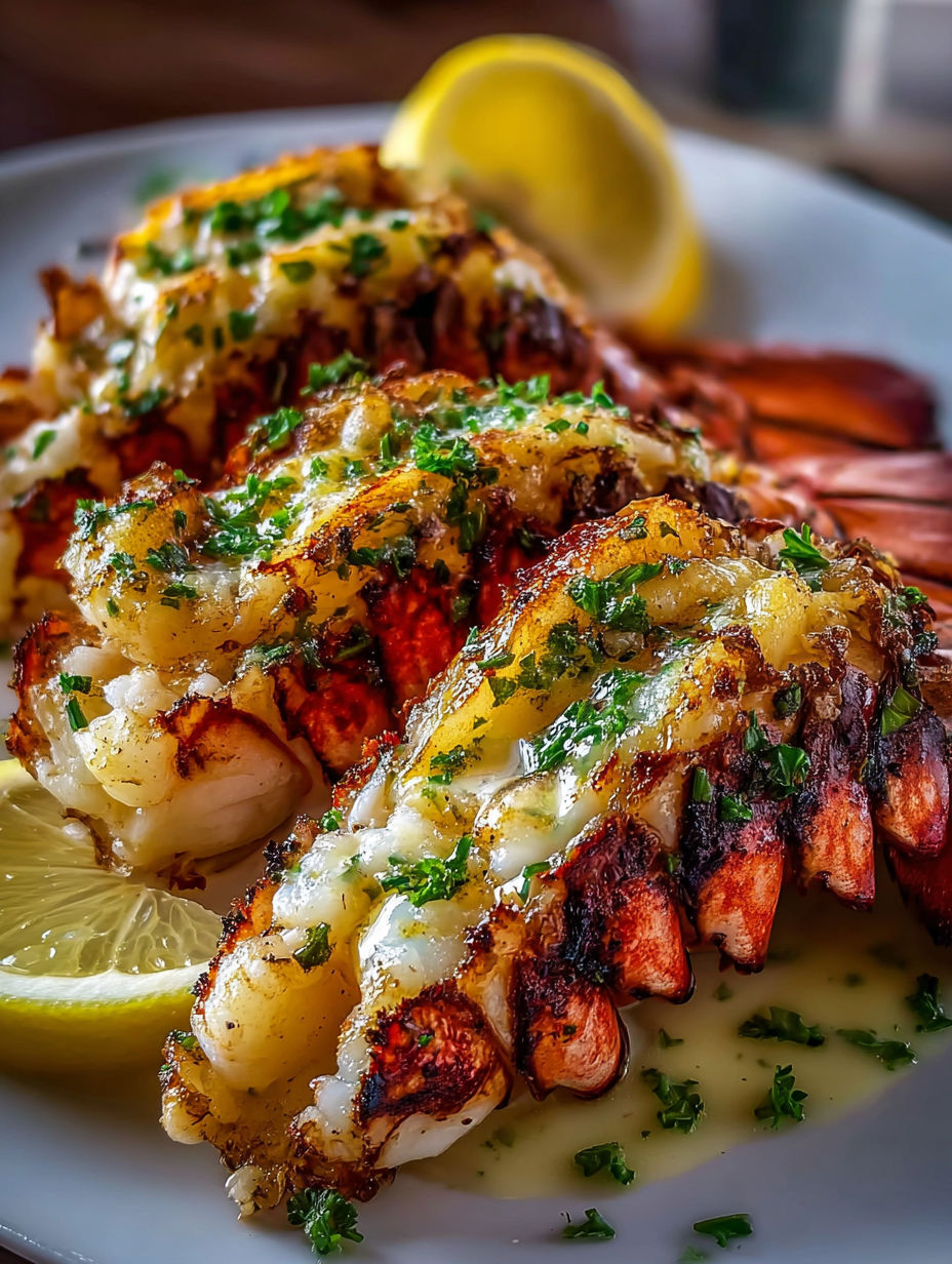Grilled lobster tails topped with garlic lemon butter sauce.