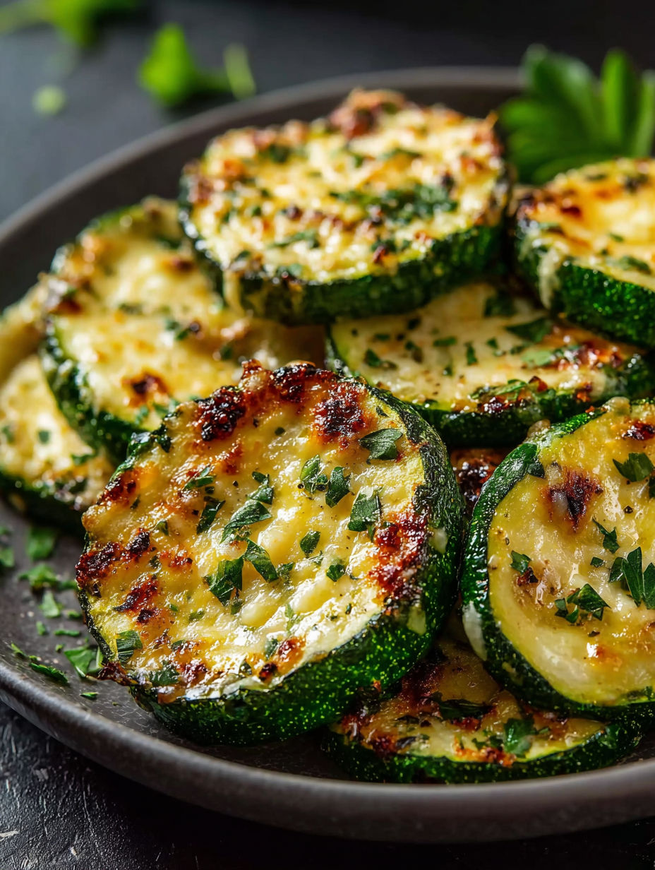 Cheesy garlic zucchini steaks on a plate.