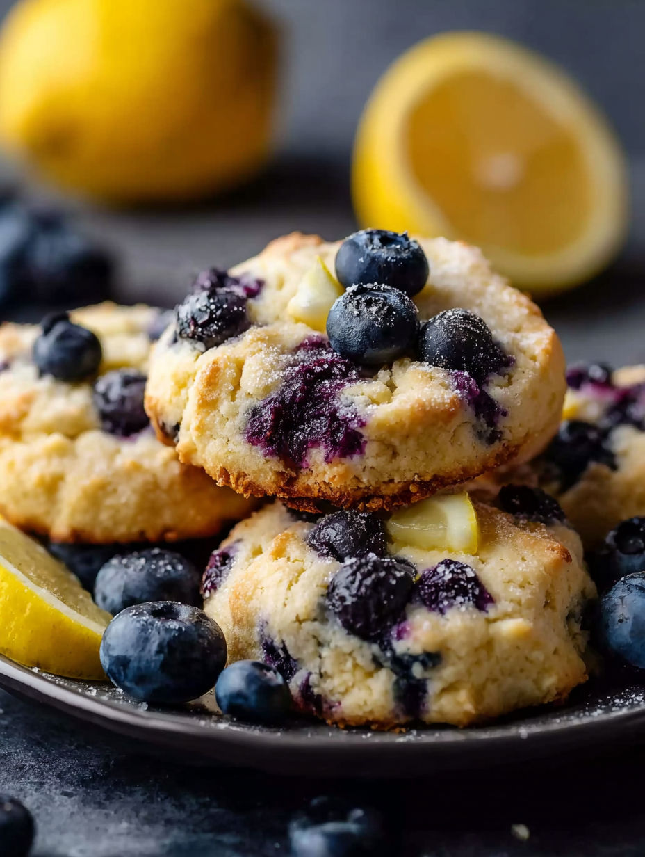 Blueberry cheesecake cookies on a plate with lemon slices
