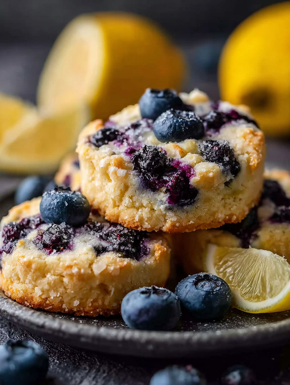 Blueberry cheesecake cookies served with lemon slices on a plate.
