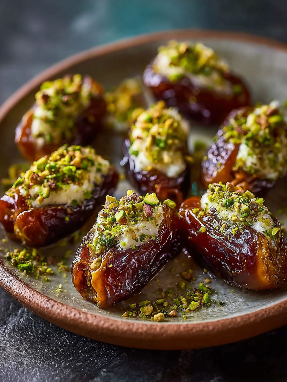 A plate of honey pistachio ricotta stuffed dates.