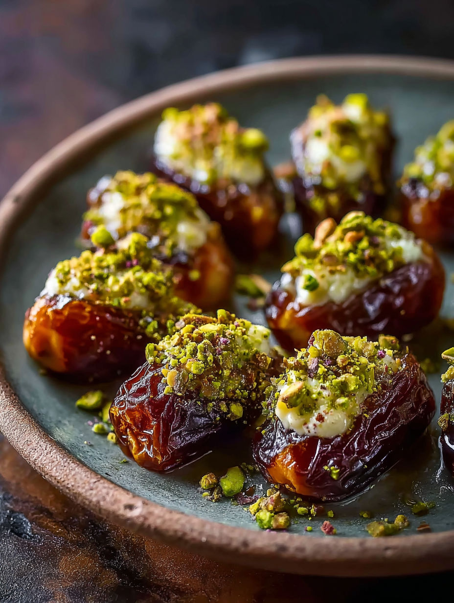 A plate of honey pistachio ricotta stuffed dates.