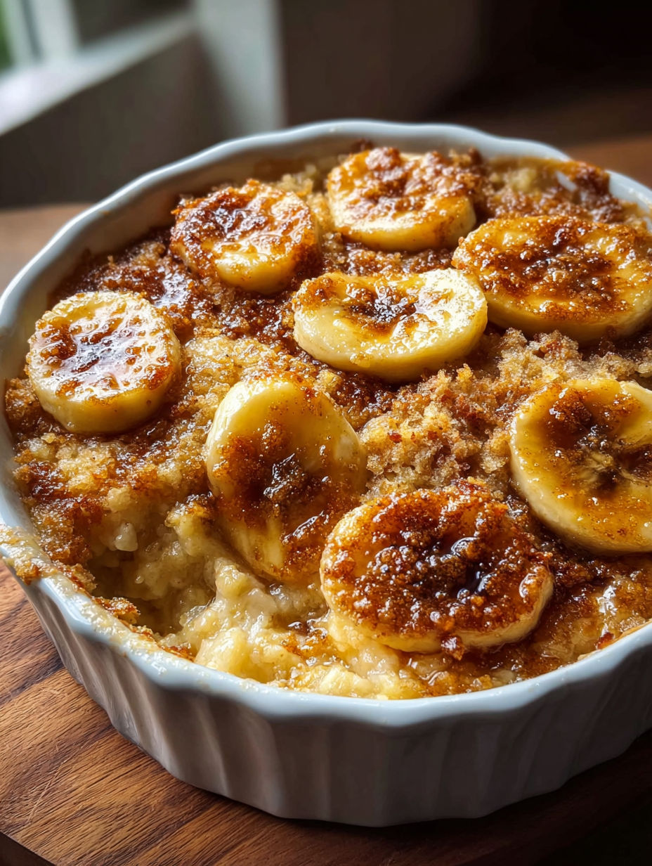 Close-up of banana cobbler with crumbly topping and banana pieces