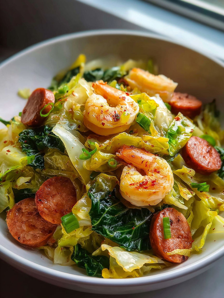 Bowl filled with shrimp, sausage, and cabbage.