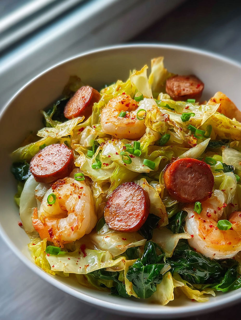 Bowl with shrimp, sausage, and cabbage.