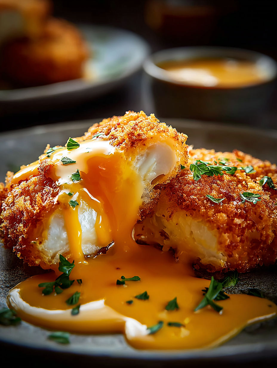 Crispy cheddar chicken piece with sauce.