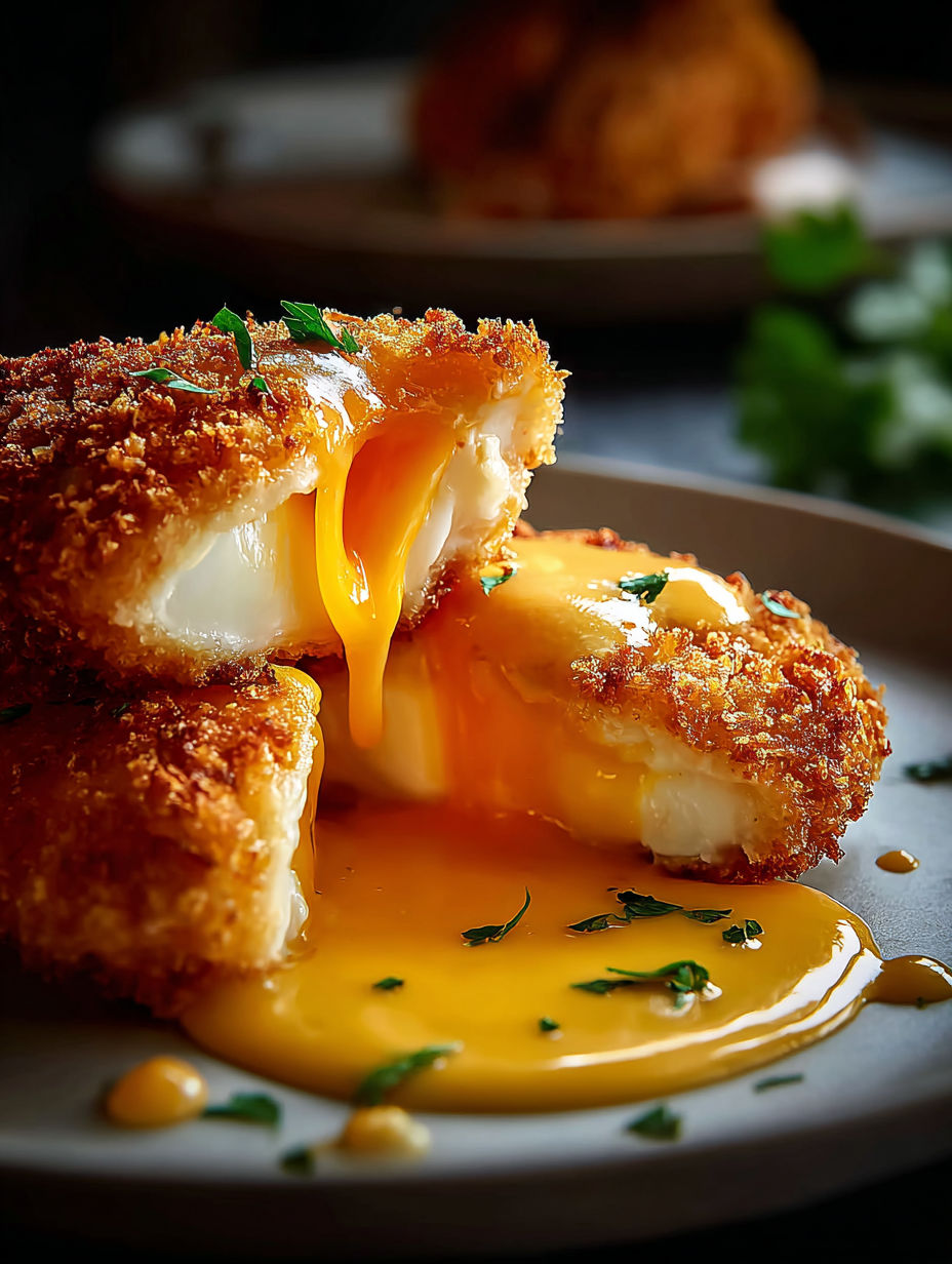 Crispy cheddar chicken with gooey egg yolk.