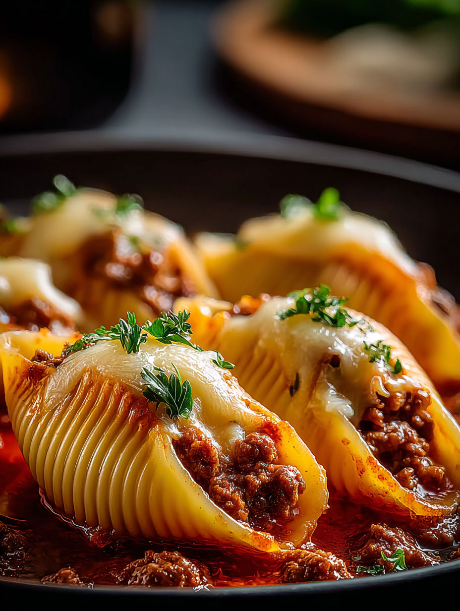 Close-up of pasta shells dish on a plate.