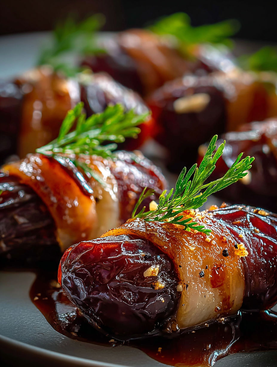 Dates wrapped with beef and seasonings.