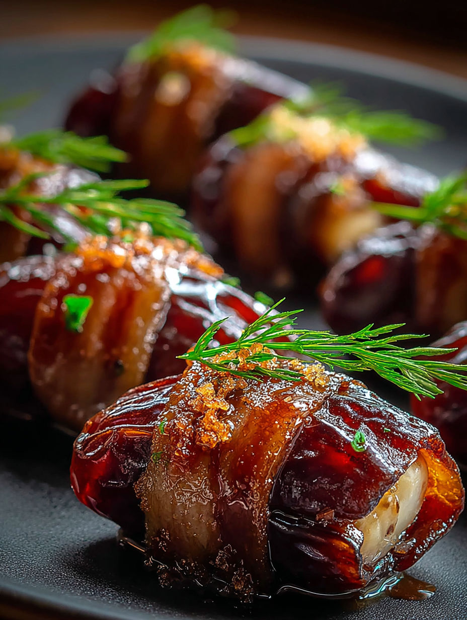 Beef wrapped dates displayed on a plate.