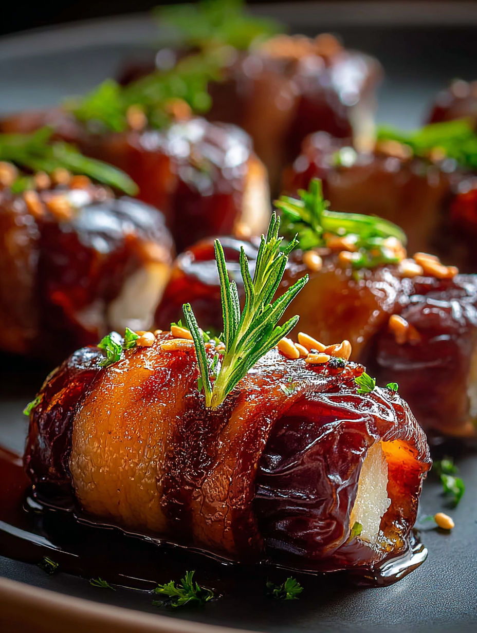 Dates wrapped in beef with rosemary sprigs.