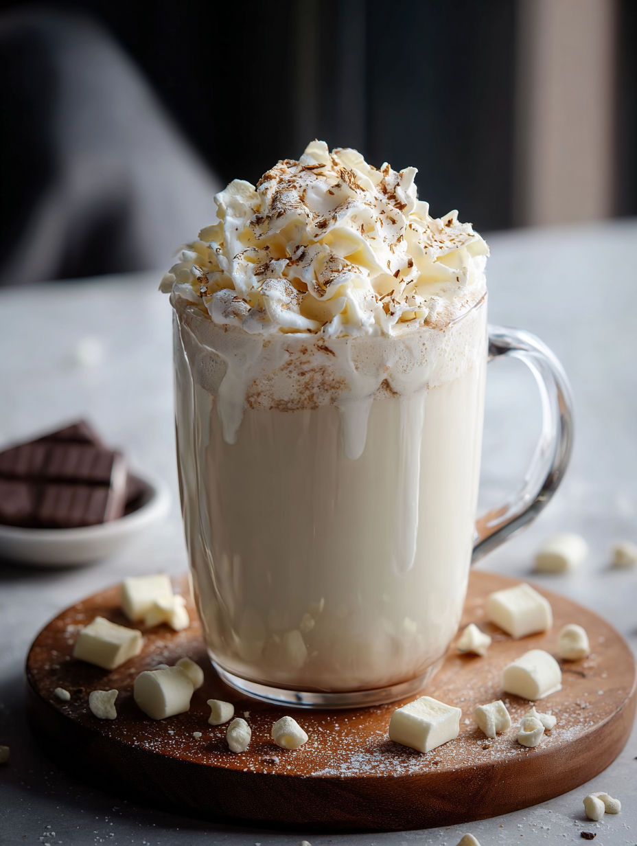 White hot chocolate in a mug with whipped cream on top.