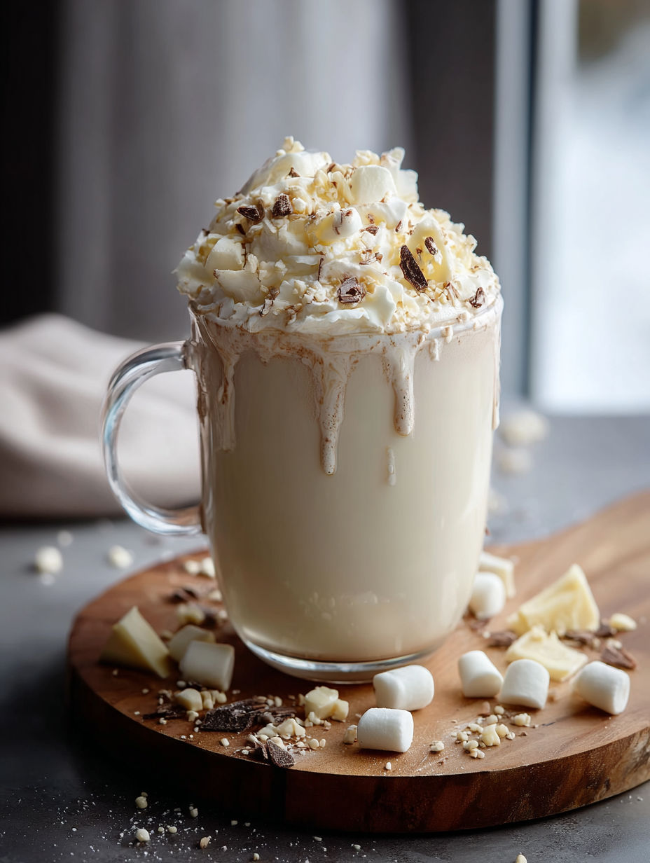 Glass of white hot chocolate topped with marshmallows.