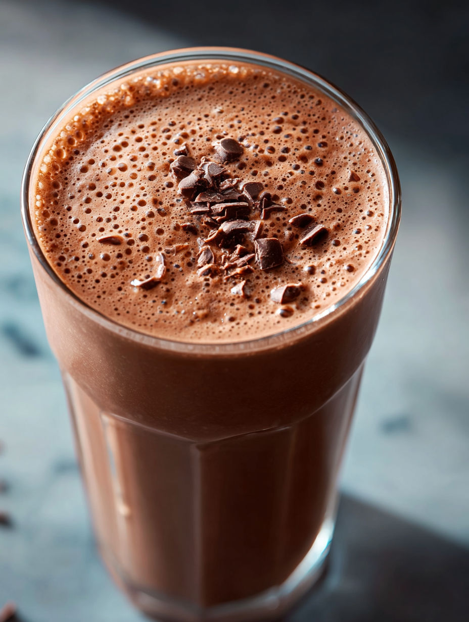 Glass of chocolate protein shake topped with chocolate chips.