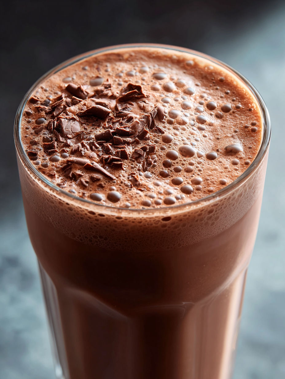 Glass of chocolate protein shake with chocolate chips on top.