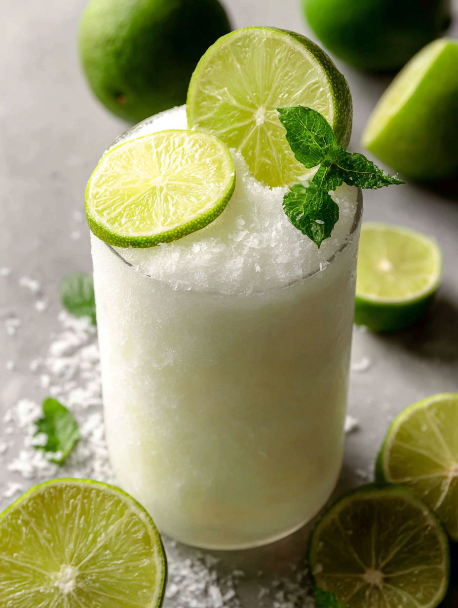 Green tea in a glass topped with lime slices.
