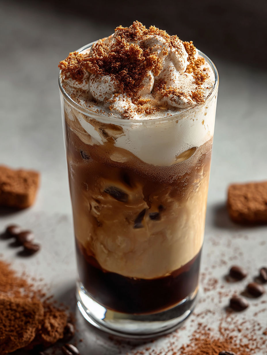 Iced coffee in a glass topped with cocoa powder.