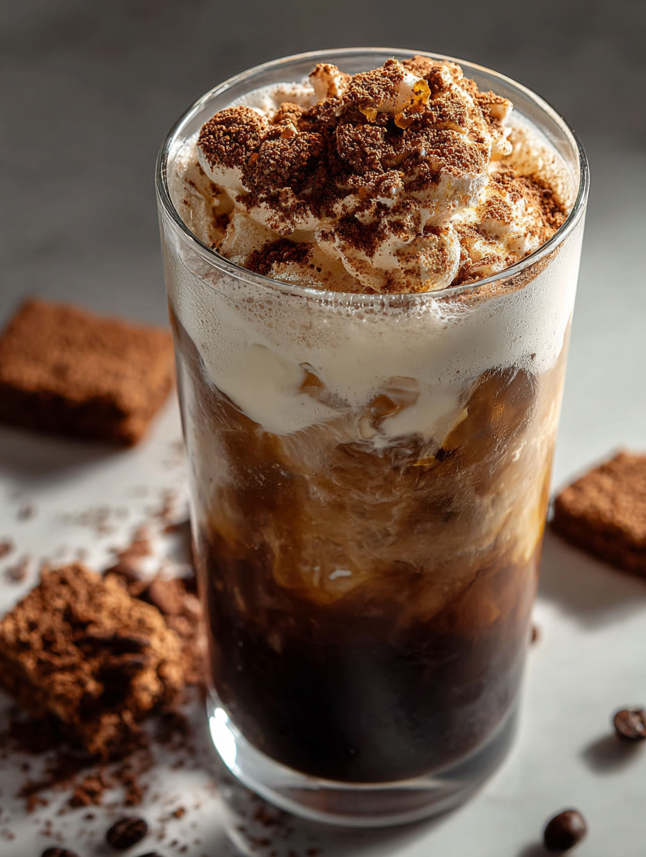 Glass of iced coffee with chocolate cake beside it.