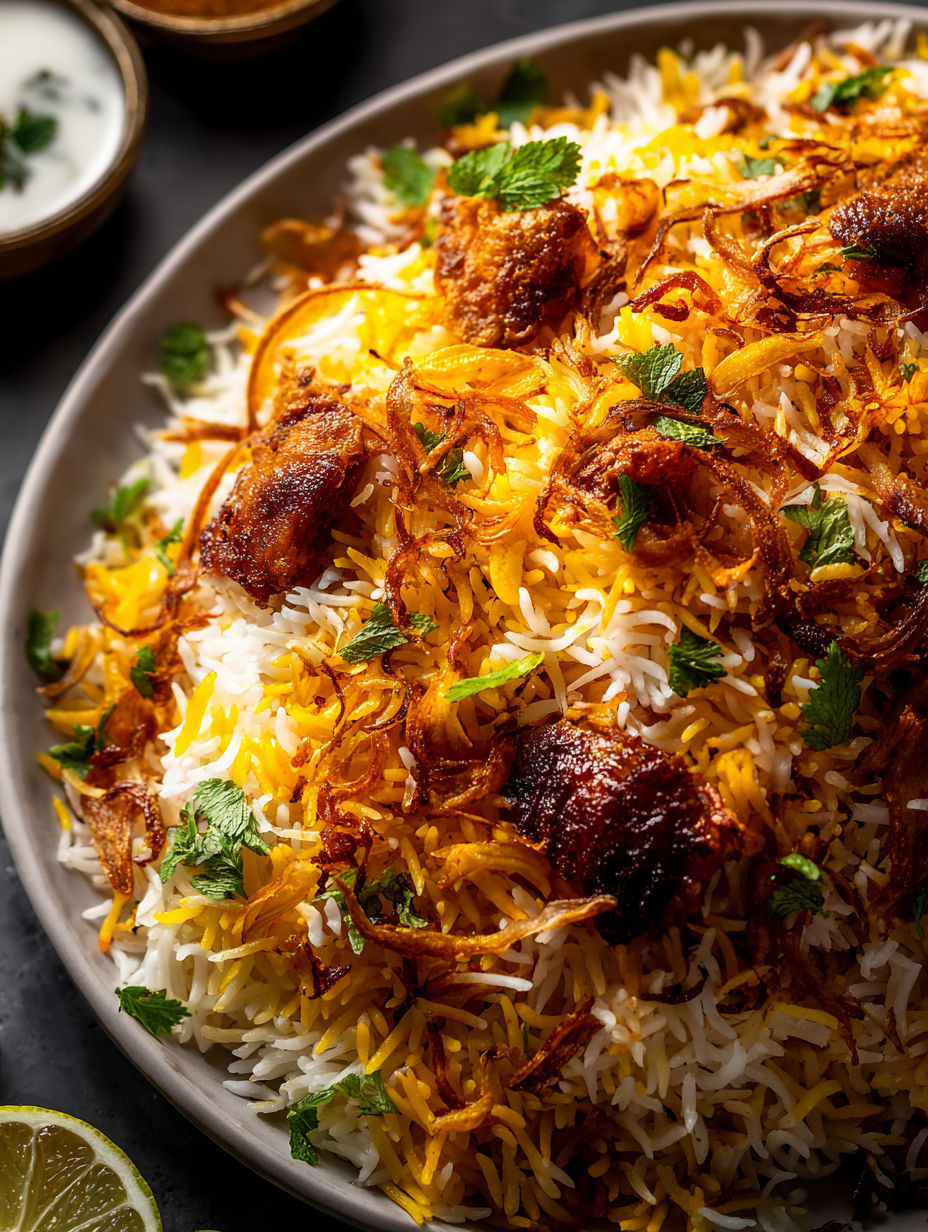 Plate filled with rice, meat, and veggies.